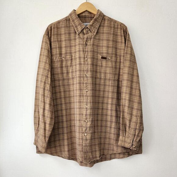Carhartt Men 2XL TALL Brown Plaid Button-Up Shirt Thrashed Patina Chore Barn VTG - Picture 1 of 16